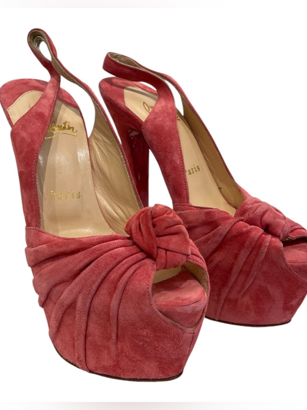 Christian Louboutin Pink Suede Knotted Peep-Toe Platform Slingbacks